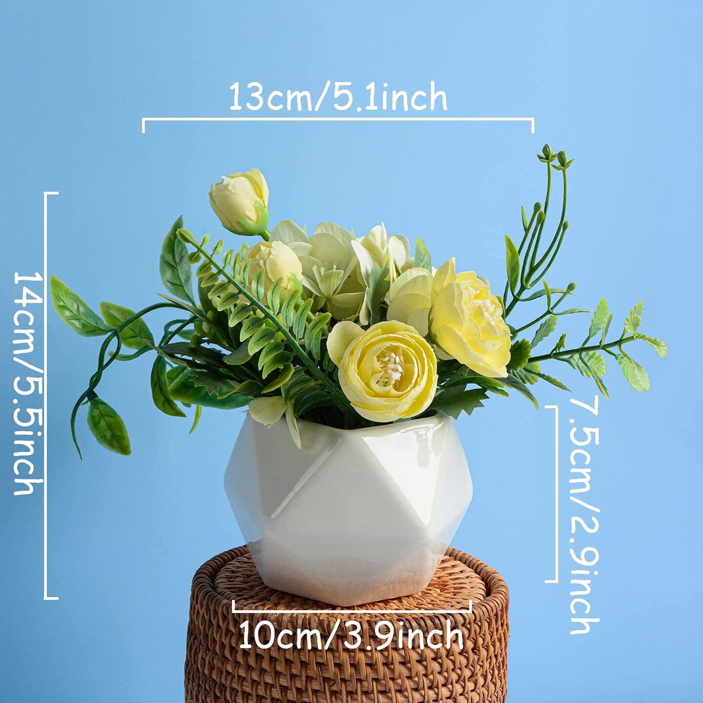 Set of 4 Mini Artificial Camellia Flowers – Faux Silk Flowers in Ceramic Vase for Home & Event Décor