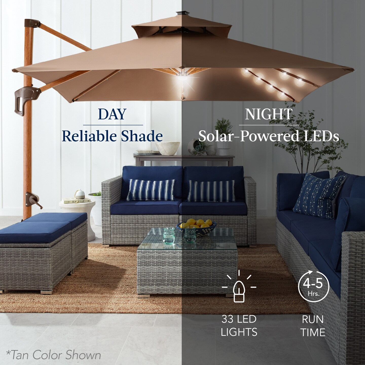 Best Choice Products 10ft Square Woodgrain Pattern 2-Tier Outdoor Solar LED Cantilever Umbrella w/ Base