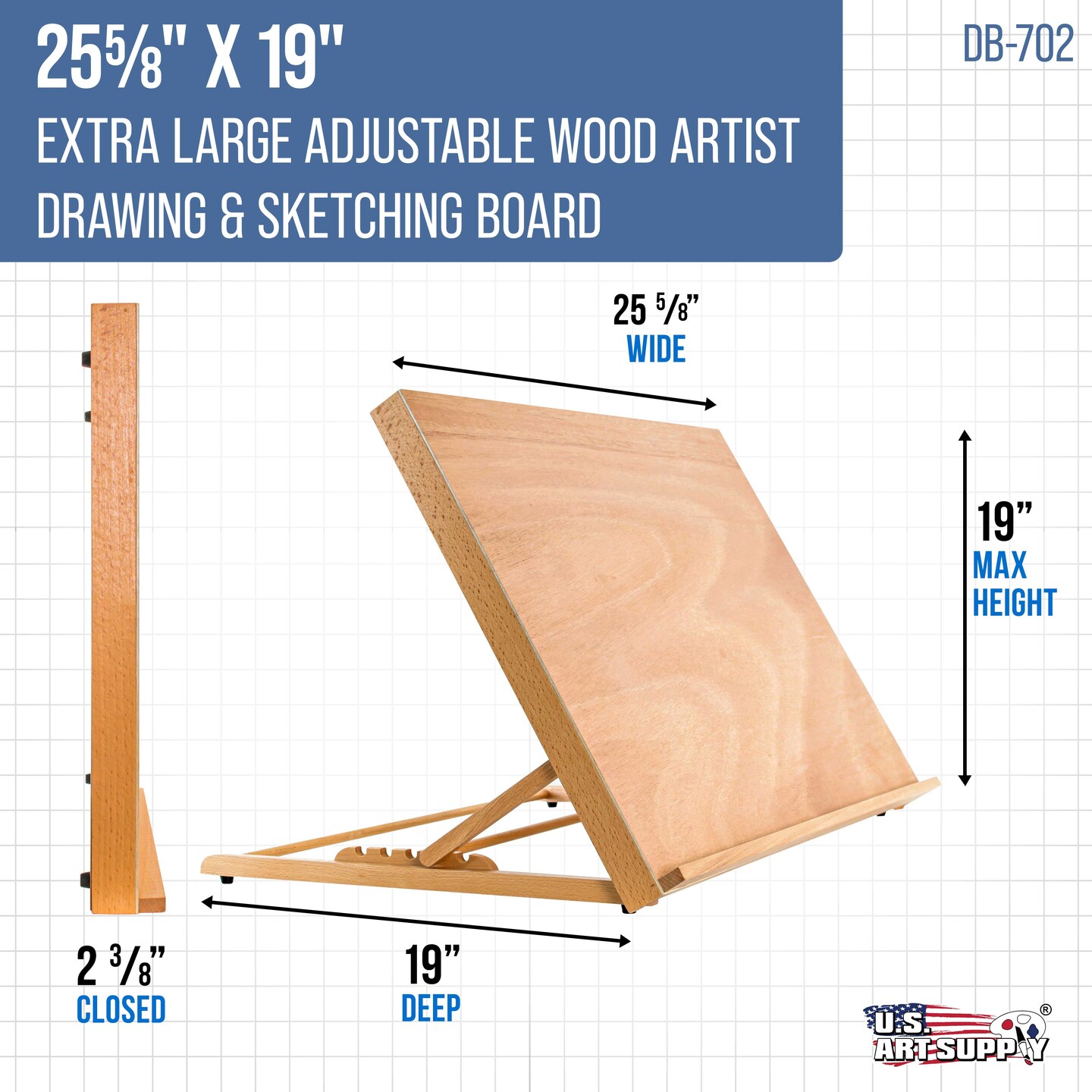 X-Large 25-5/8&#x22; x 19&#x22; (A2) Adjustable Wood Art Drawing Board - 5 Angles, Beechwood Construction, Pencil Ledge, Locking Storage Drawer - Perfect for Design, Drafting &#x26; Architecture