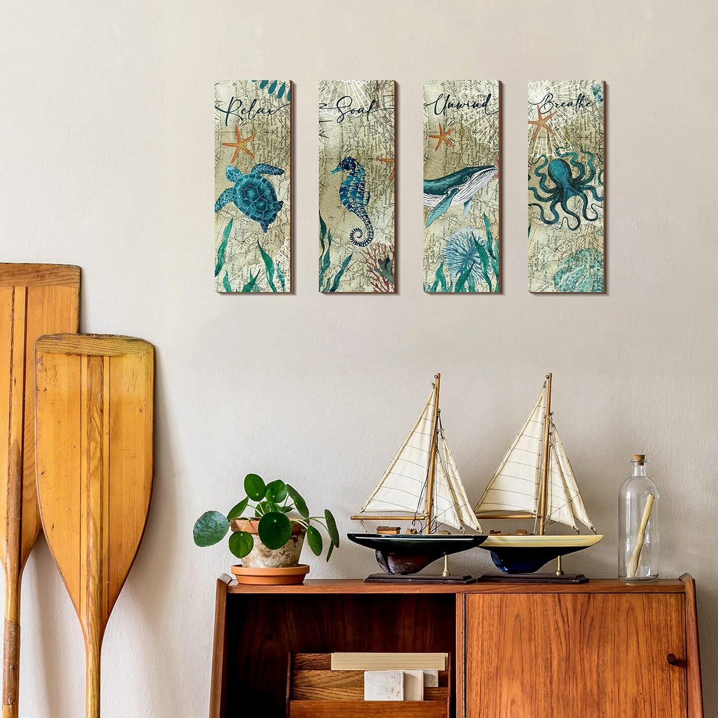 4 Pieces Summer Beach Bathroom Decor Wall Sign Ocean Decor Sea Turtle Wall Art