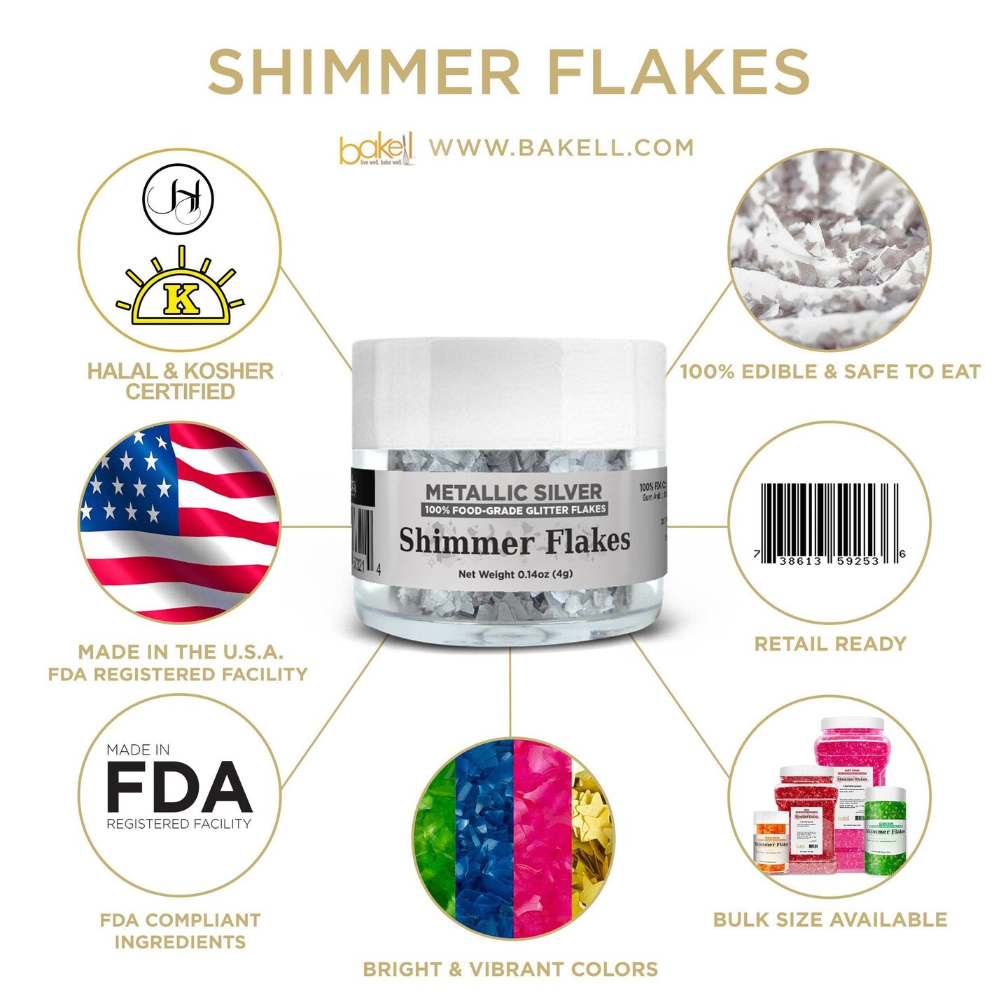 Metallic Silver Edible Shimmer Flakes 4 Gram Jar