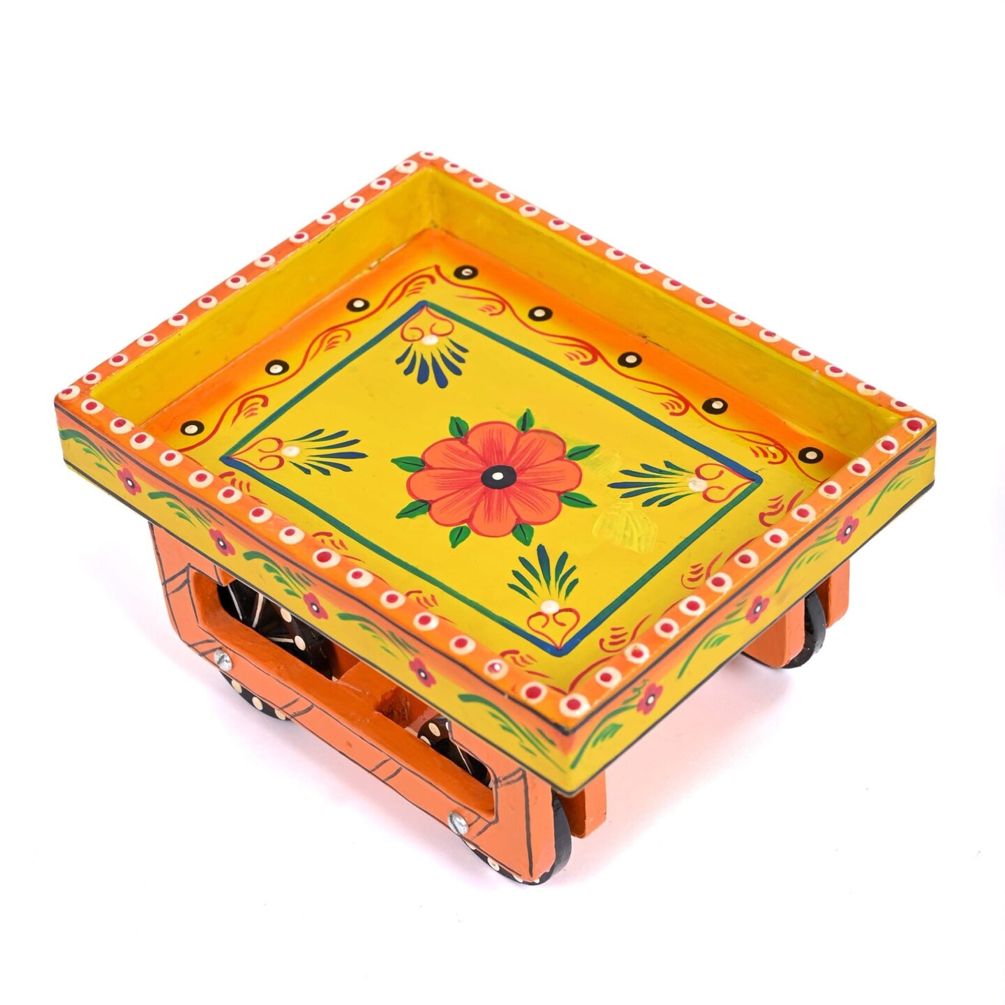 Wooden Trolley with Wheels Hand Painted Serving Tray Indian Decorative Platter for Snack Tea Home Kitchen Restaurant Table Decor Great Gift Idea