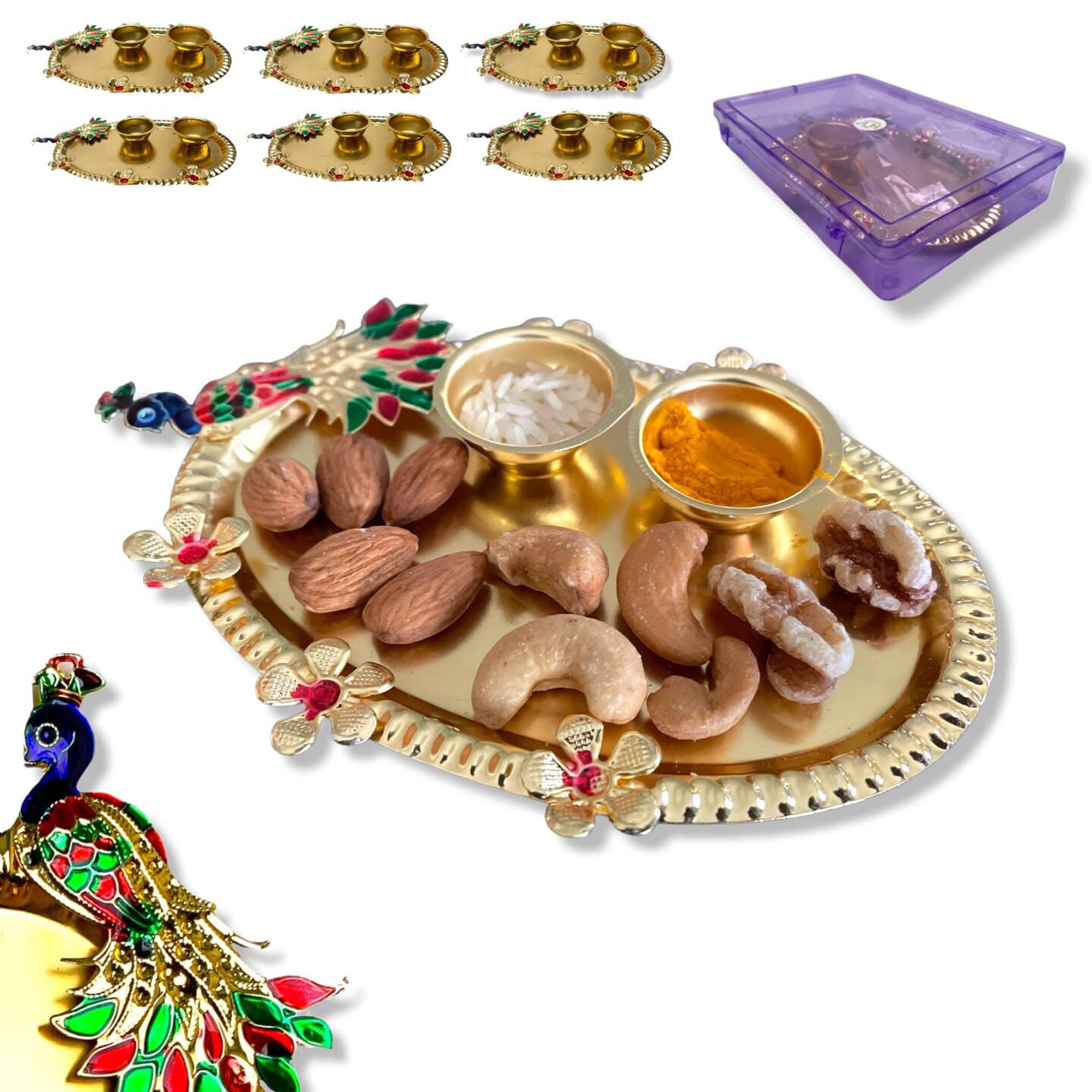 Pack of 6 Decorative Peacock Pooja Thali Gold Plated Indian Pooja Thali Haldi Kumkum Platter Ganesh Pooja Teej Diwali Favor Thali Stylish Temple Decor Gift