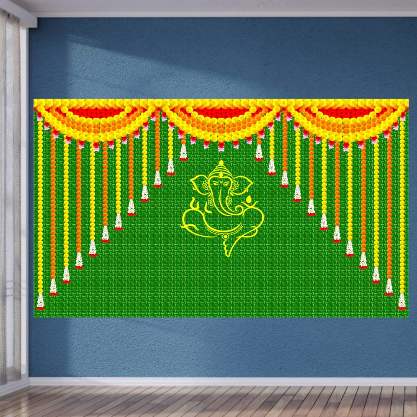 Ganesh with Marigold 5x8 Feet Backdrop Indian Traditional Cloth Ganesh Chaturthi Decor Indian Pooja Wall Decor Indian Wall Art Photo Decor Banner Decorative Pooja Cloth Wedding Favor