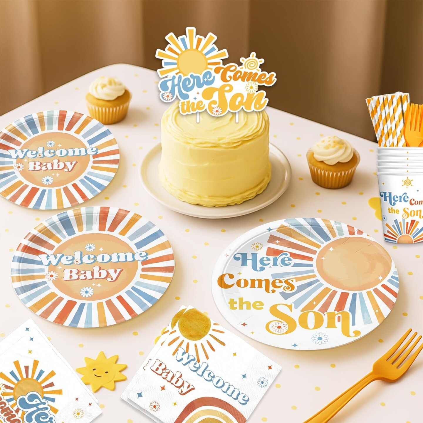 Here Comes The Son Baby Shower Decor, Retro Sun and Sunshine Themed