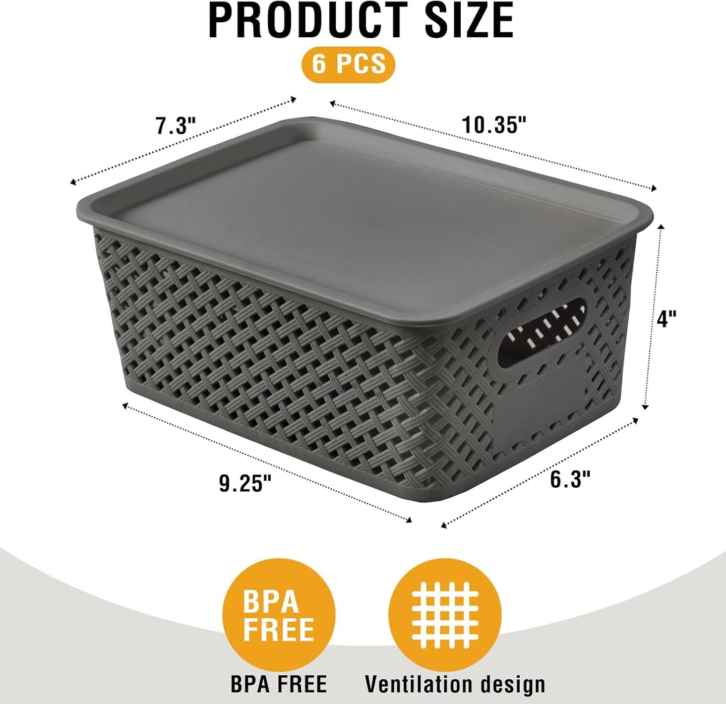 6-Pack Small Plastic Twill Woven Storage Baskets with Lids - Gray