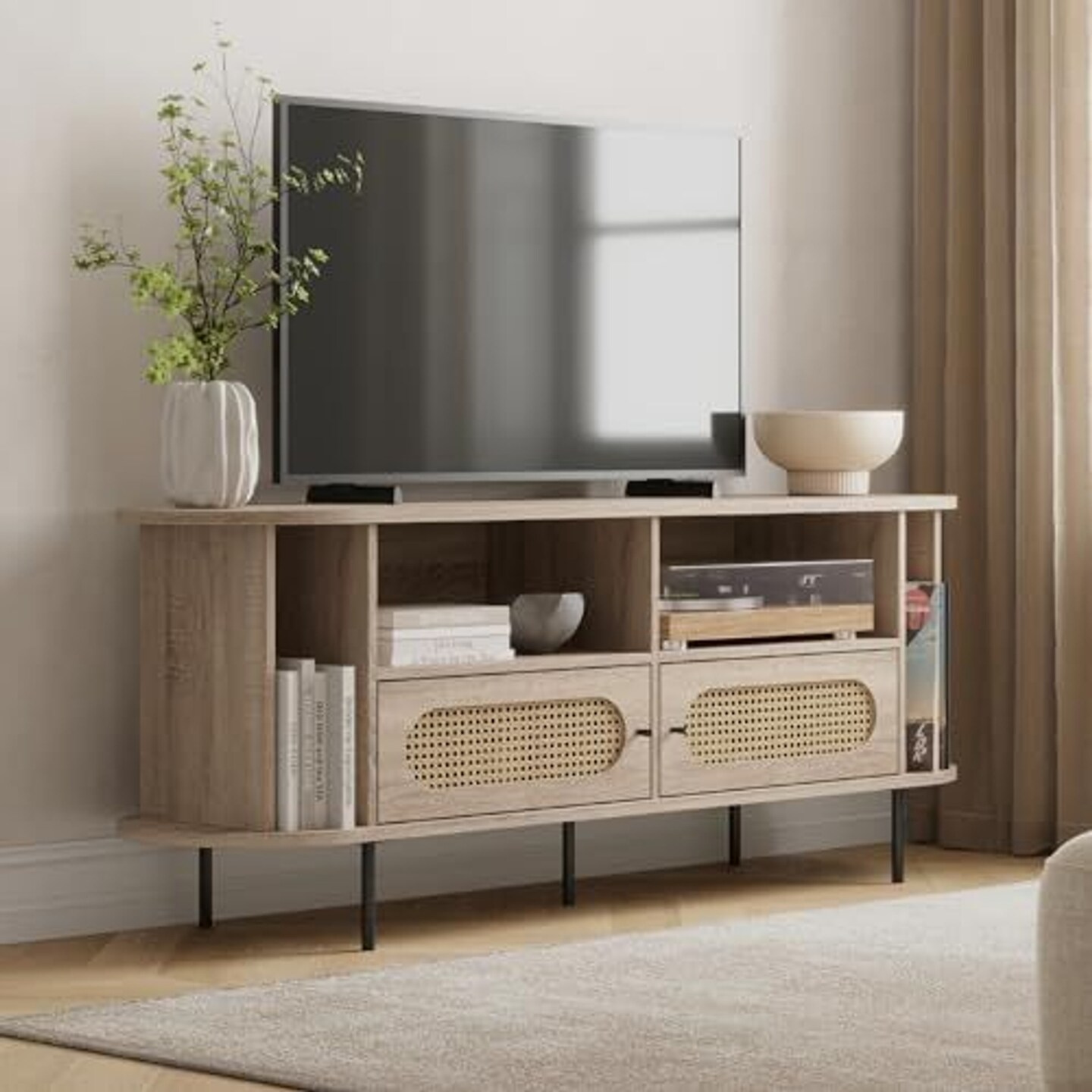 Stead Oval Rattan TV Stand, Media Console, 63" TV Entertainment Center with Storage, Table for Living Room and Bedroom, Supports 32 to 65" TVs, Soft-Close Cabinet Doors, TVs Console Retro (Light Oak)