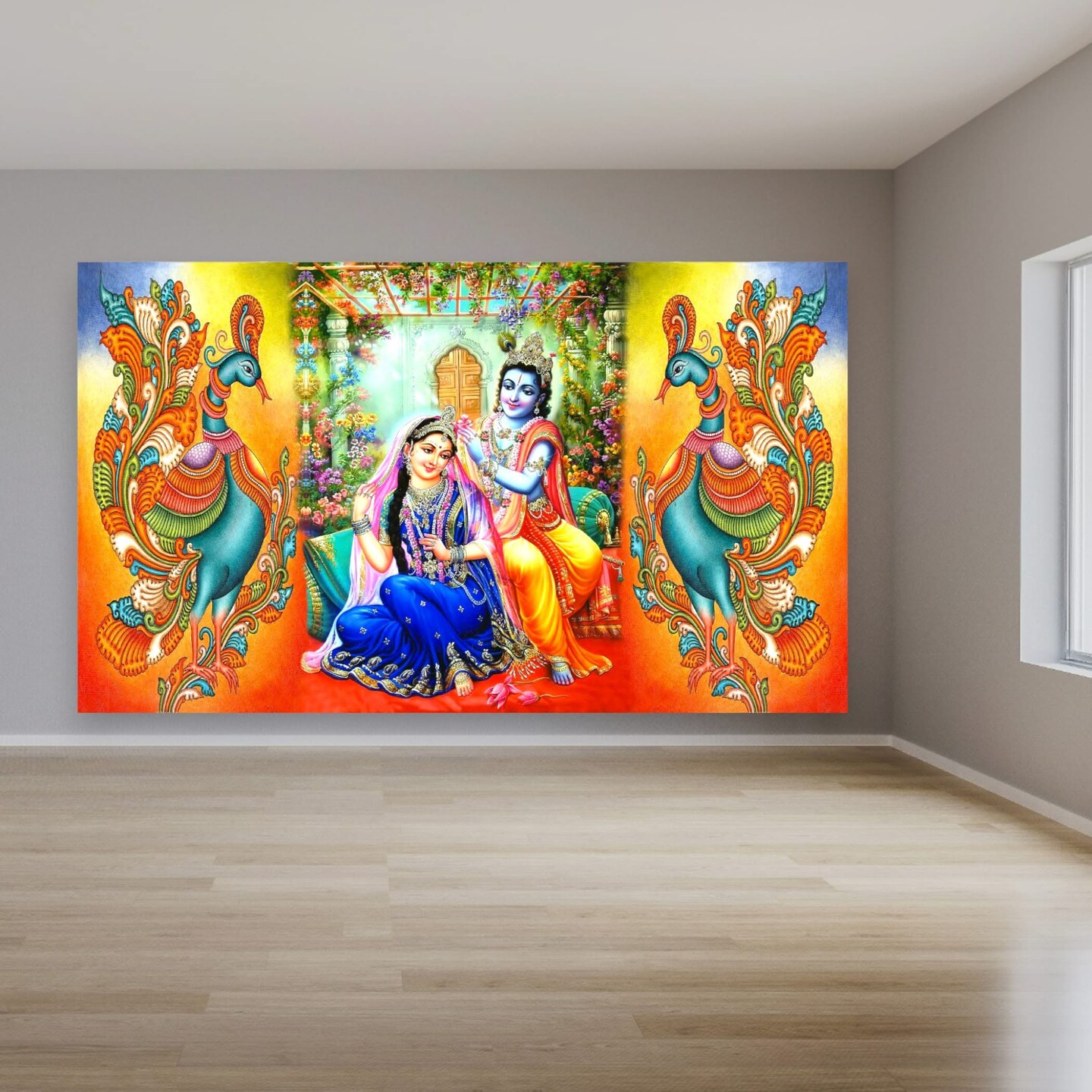 Radha Krishna with Peacock Backdrop Indian Traditional Cloth 5x8 Feet Backdrop Indian Janmashtami Decor Pooja Wall Decor Indian Wall Art Photo Decor Banner Decorative Pooja Cloth