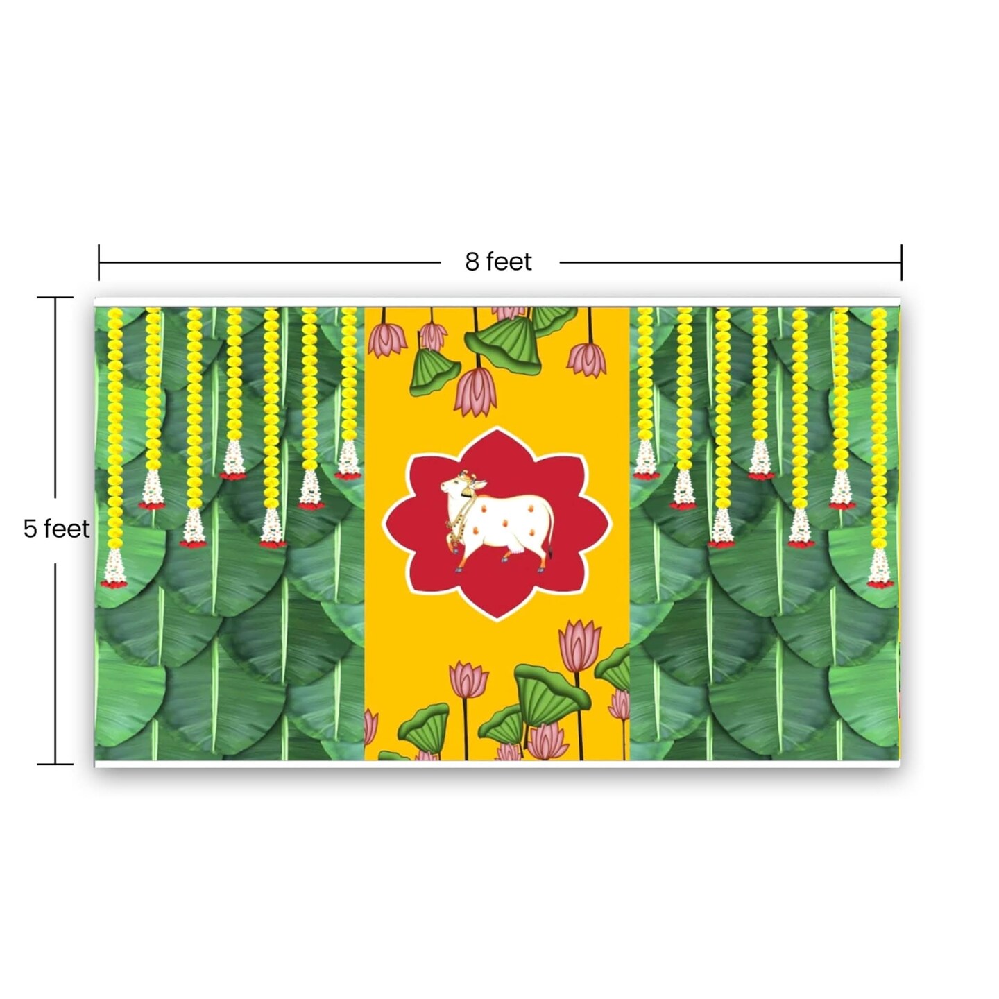 Cow Backdrop with Marigold Design Indian Traditional Cloth 5x8 Feet Backdrop Pooja Wall Decor Indian Wall Art Photo Decor Banner Indian Janmashtami Decor Decorative Pooja Cloth