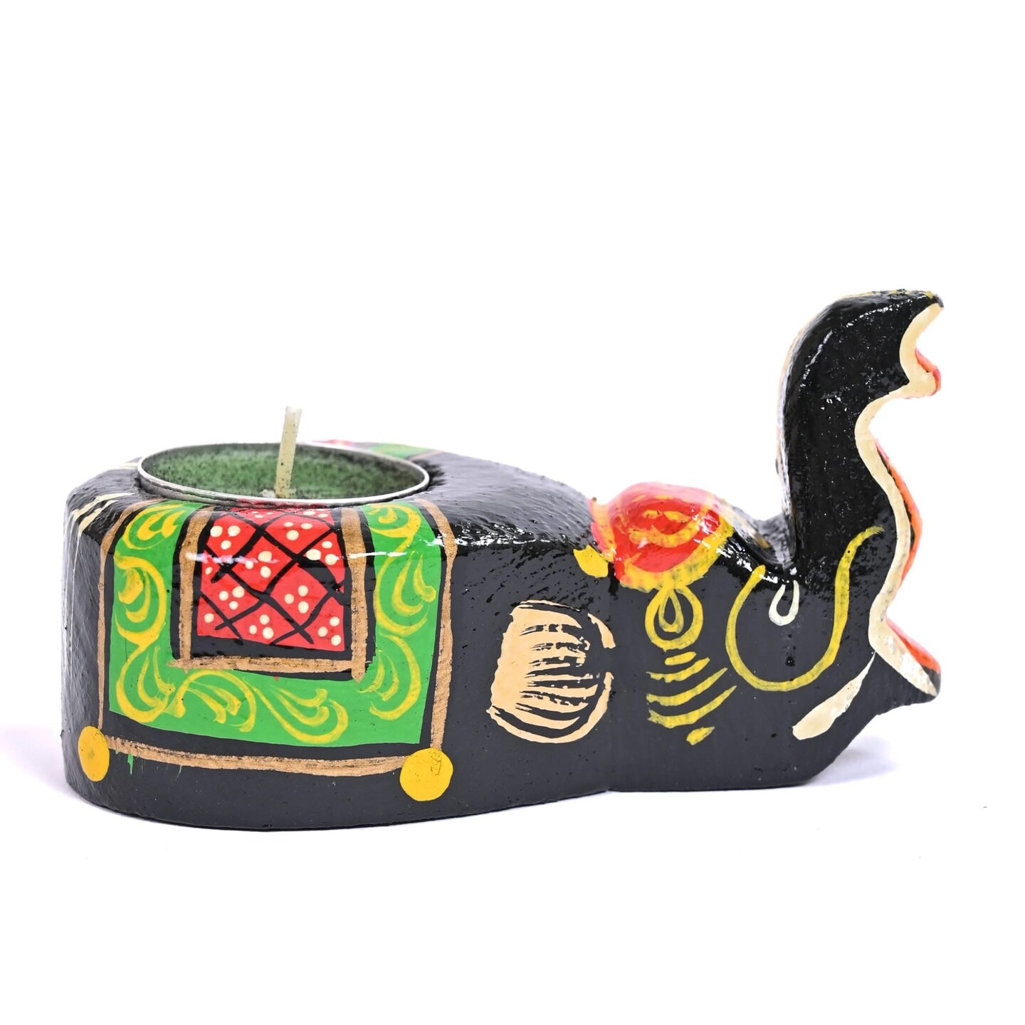 Wooden Elephant Tealight Candle Holder Handpainted Sitting Elephant T-light Table Top Decorative Showpiece Home Living Room Office Decor Indian Festival Housewarming Diwali Return Gifts