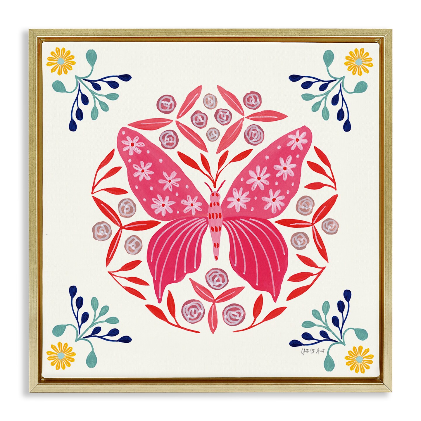 Stupell Industries Pink Folk Butterfly Floater Framed Canvas Wall Art Design by Yvette St. Amant