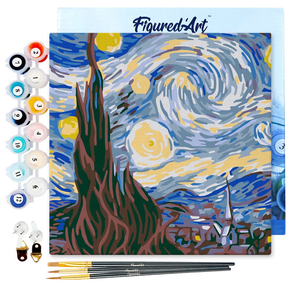 Figured'Art Mini Paint by Numbers Kit for Adults with Frame Van Gogh Starry Night Small format 8"x8" - Craft Art Painting DIY Canvas Already Stretched on a Wooden Frame