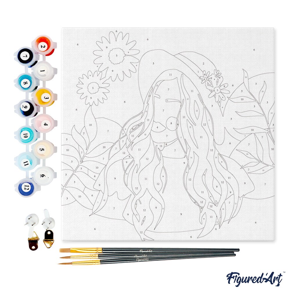 Figured&#x27;Art Mini Paint by Numbers Kit for Adults with Frame Abstract Woman and Daisies Small format 8&#x22;x8&#x22; - Craft Art Painting DIY Canvas Already Stretched on a Wooden Frame