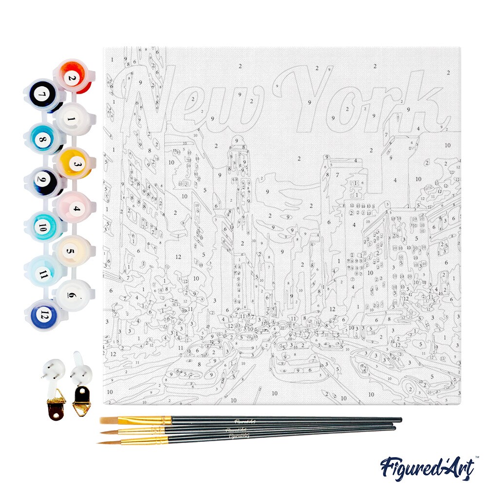 Figured&#x27;Art Mini Paint by Numbers Kit for Adults with Frame Travel Poster New York City Small format 8&#x22;x8&#x22; - Craft Art Painting DIY Canvas Already Stretched on a Wooden Frame