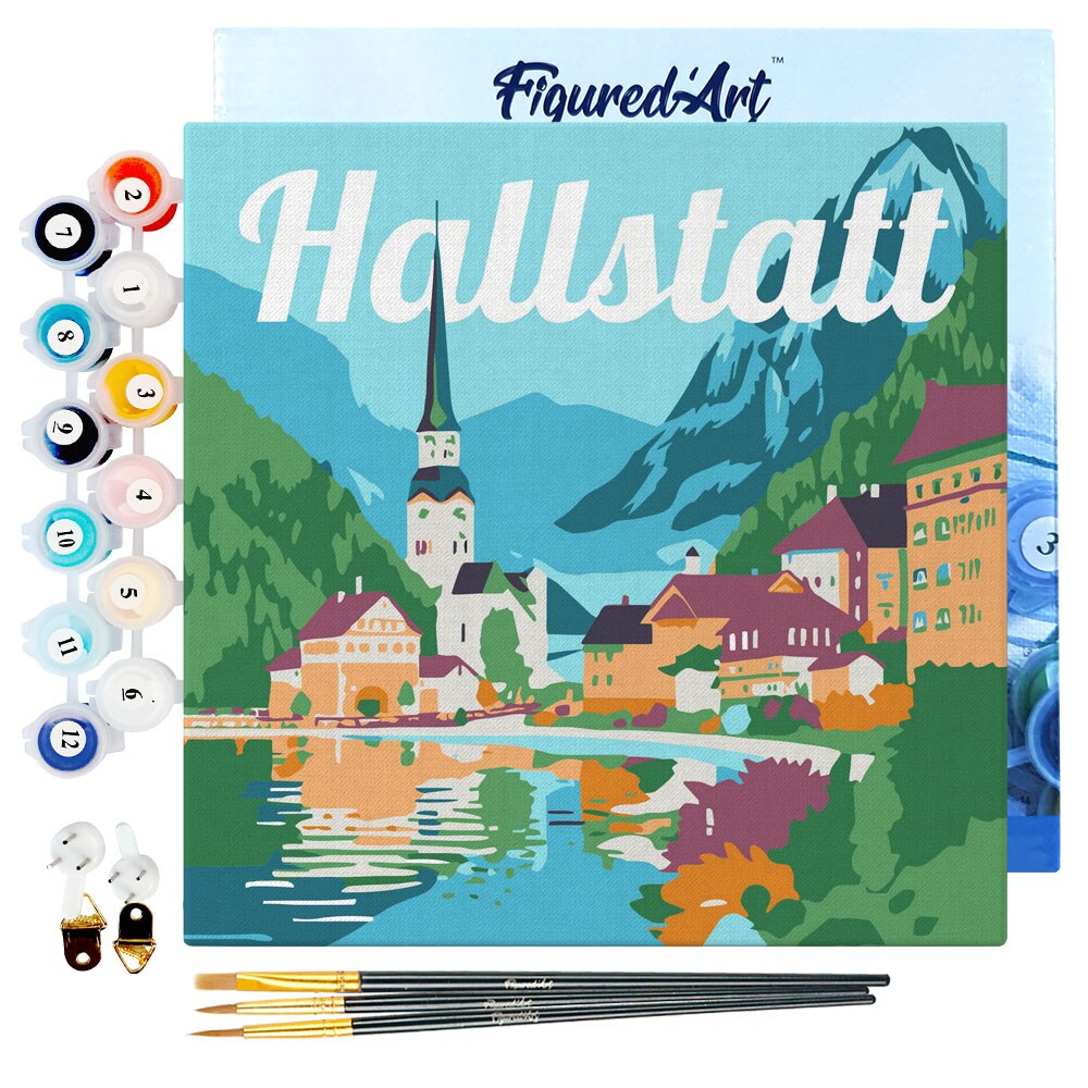 Figured&#x27;Art Mini Paint by Numbers Kit for Adults with Frame Travel Poster Hallstatt Small format 8&#x22;x8&#x22; - Craft Art Painting DIY Canvas Already Stretched on a Wooden Frame