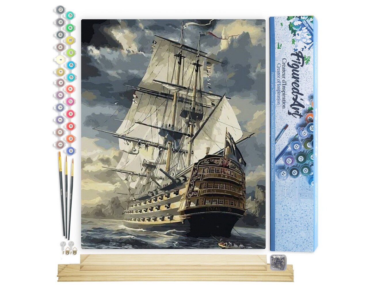 Figured&#x27;Art Paint by Numbers Kit for Adults Ocean Galleon 16&#x22;x20&#x22; - Craft Art Painting Rolled Canvas with DIY wooden frame