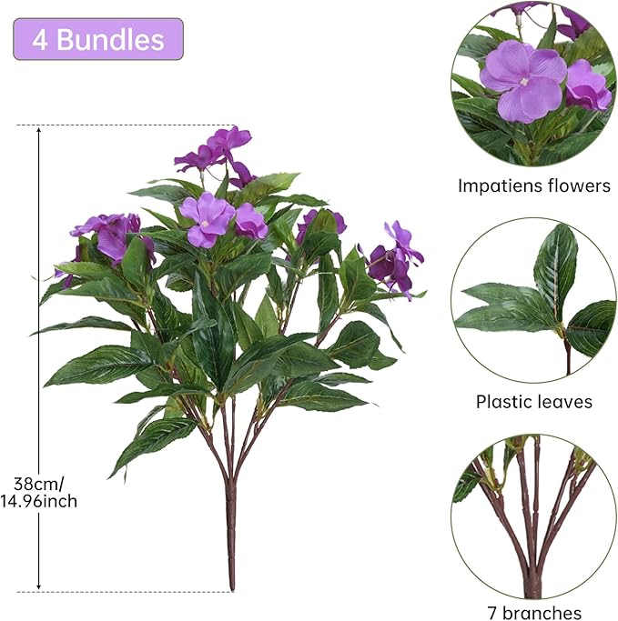 4Bundles Artificial Impatiens Flowers for Outdoors Purple Faux Silk Flowers Outdoor Artificial Impatiens Bush Bouquet Fake Plants for Patio Lawn Garden Hanging Basket Porch Decor