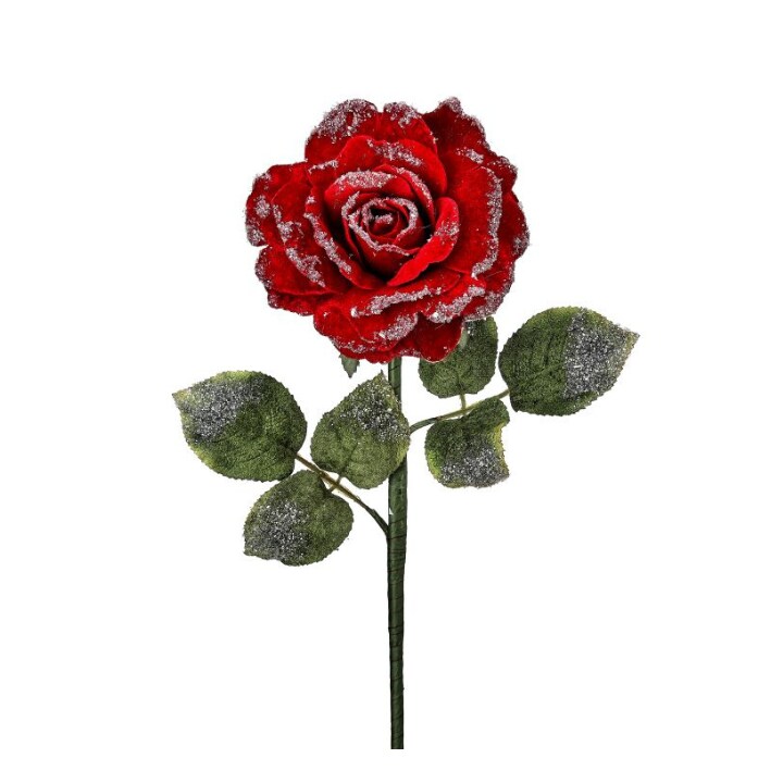 25&#x22; Red Velvet Rose Stem with Snow Frost &#x2013; Artificial Christmas Rose Pick for Holiday Floral Arrangements-MTX74464