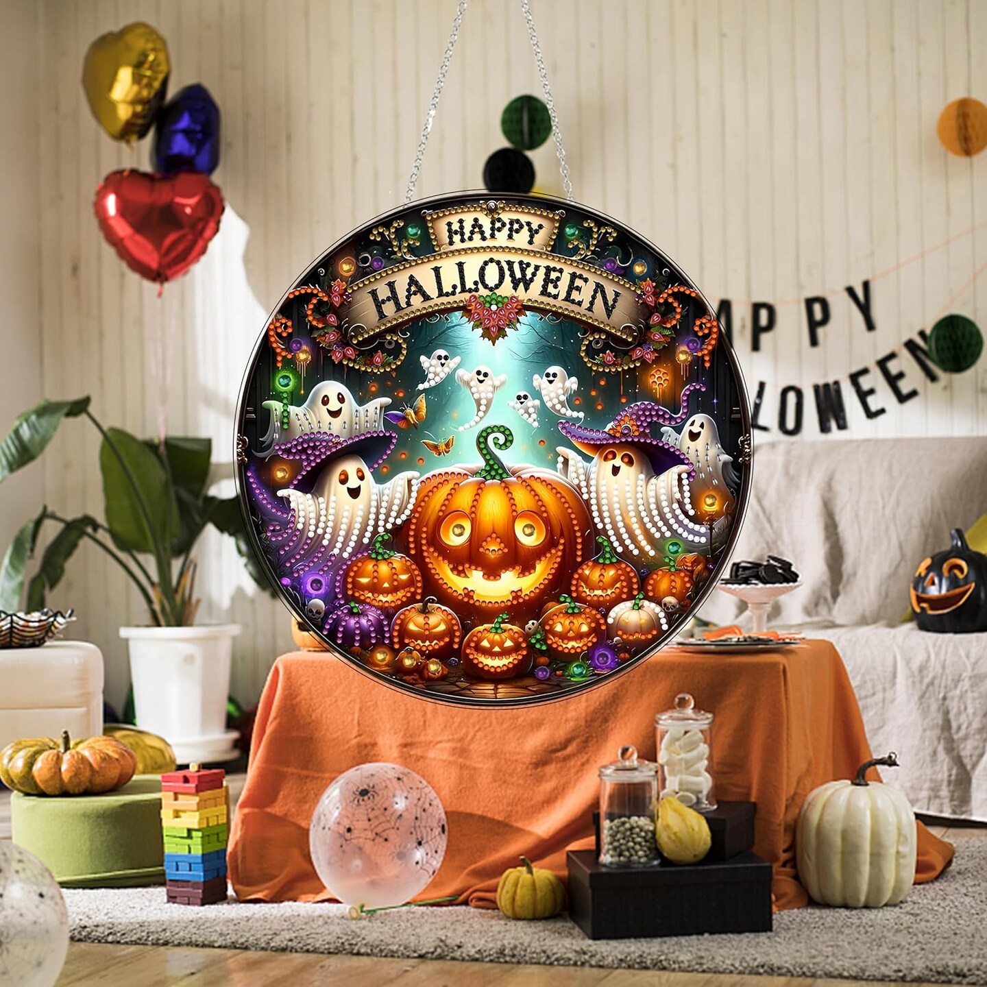 DIY Halloween Acrylic Diamond Art Painting Wreath Kits- (Ghosts and Pumpkins)