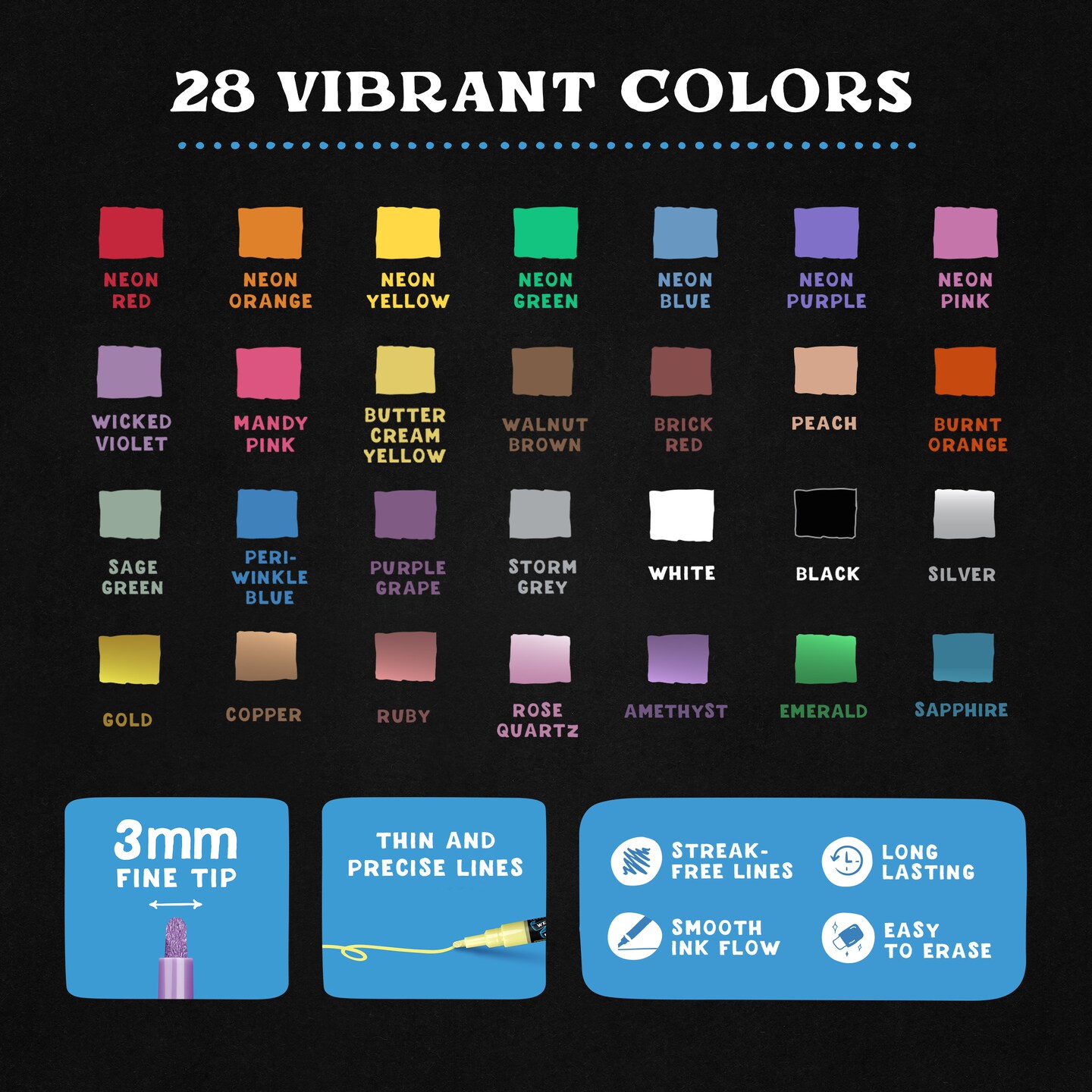 VersaChalk 28 Count Liquid Chalk Markers &#x2013; 3mm Fine Tip, Erasable, Non-Toxic Chalk Pens for Chalkboards, Glass, and Windows &#x2013; Easy Wipe