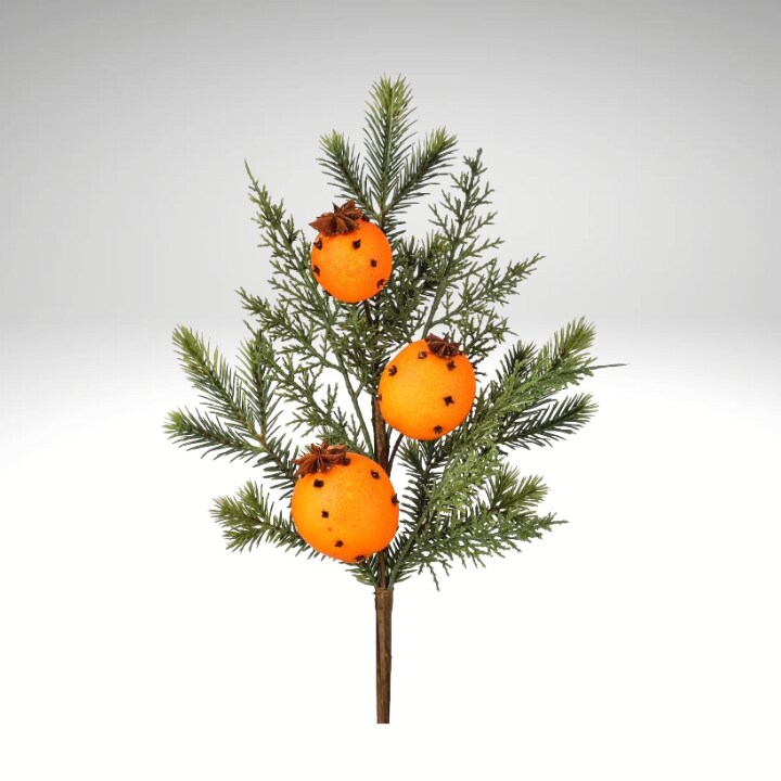 18&#x22; Evergreen Pick with Real Orange &#x26; Clove Scent &#x2013; Holiday Faux Orange Pomander Pick, Christmas Floral Stem-MTX76741