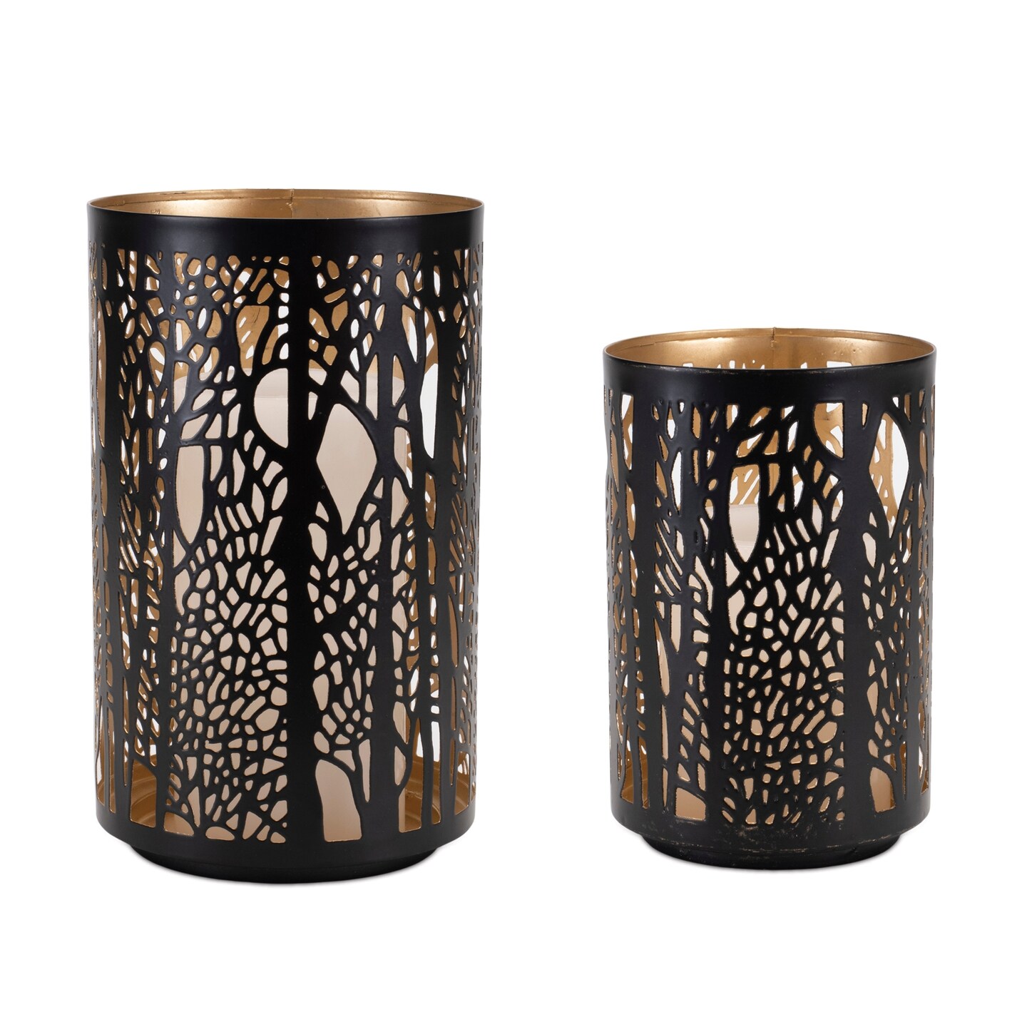 Forest Tree Punched Metal Candle Holder Black Gold Decorative Lanterns Set of 2