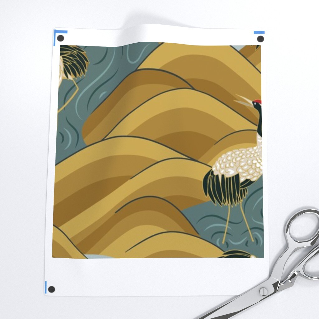 Cranes And Egret Chinoiserie Mustard Gold Sandhill Crane Custom Printed Fabric by Spoonflower Various Fabrics by the Yard or Fat Quarter