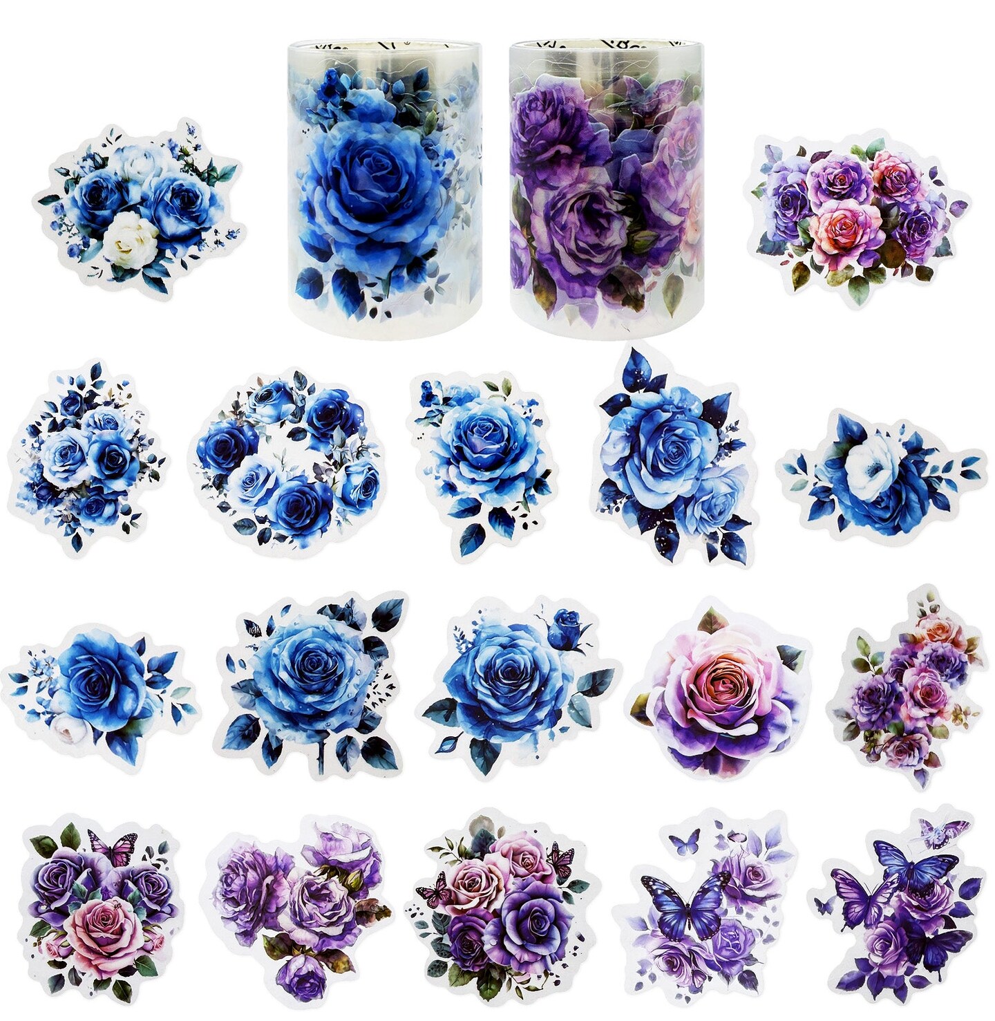 Wrapables Romantic Floral PET Tape, Pre-Cut Stickers for Scrapbooking, Stationery, Journaling, Diary, Card Making (Set of 2), Lavender and Blue