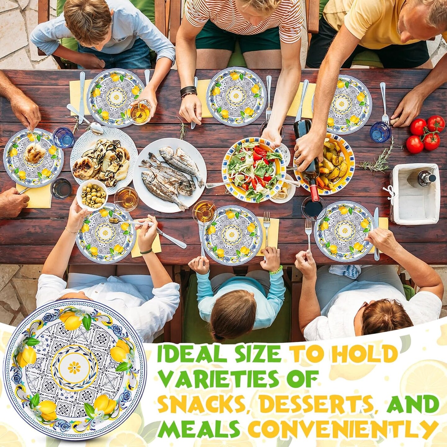 80 Pack Capri Lemon Paper Plates Set 9 in Blue Tiles (Multicolor)