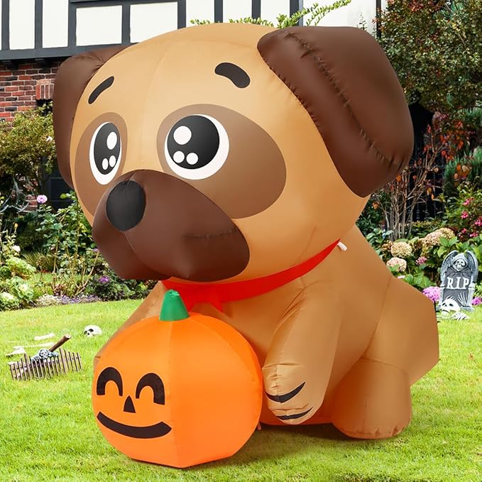 GOOSH 4 FT Halloween Inflatables Dog Pug Holding Pumpkin with Built-in LEDs