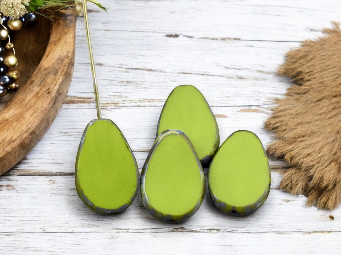12x18mm Opaque Advacado Green Picasso Table Cut Flat Teardrop Beads