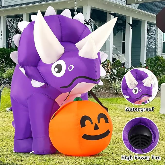 GOOSH 4 FT Width Halloween Inflatables Dinosaur with Pumpkin with Built-in LEDs