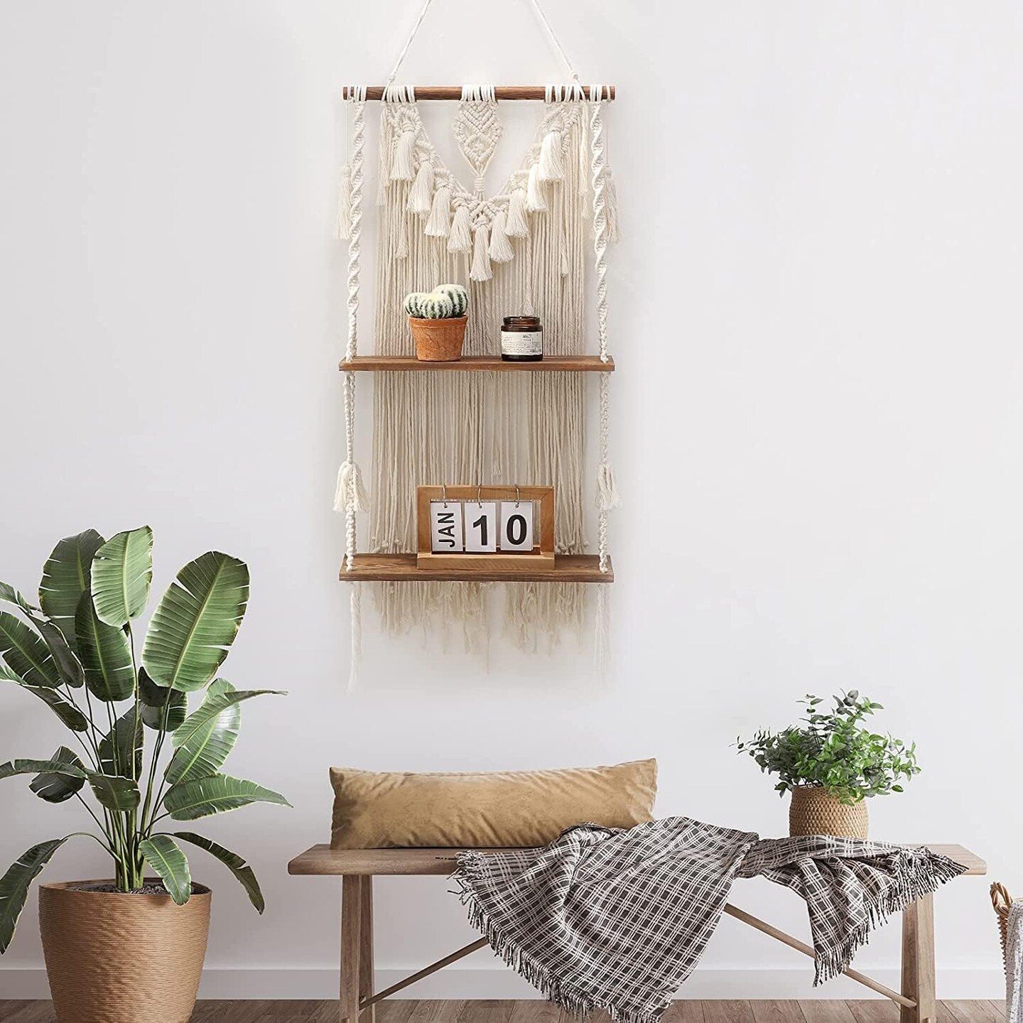 2 Tier Macrame Boho Wall Hanging Shelf - Large