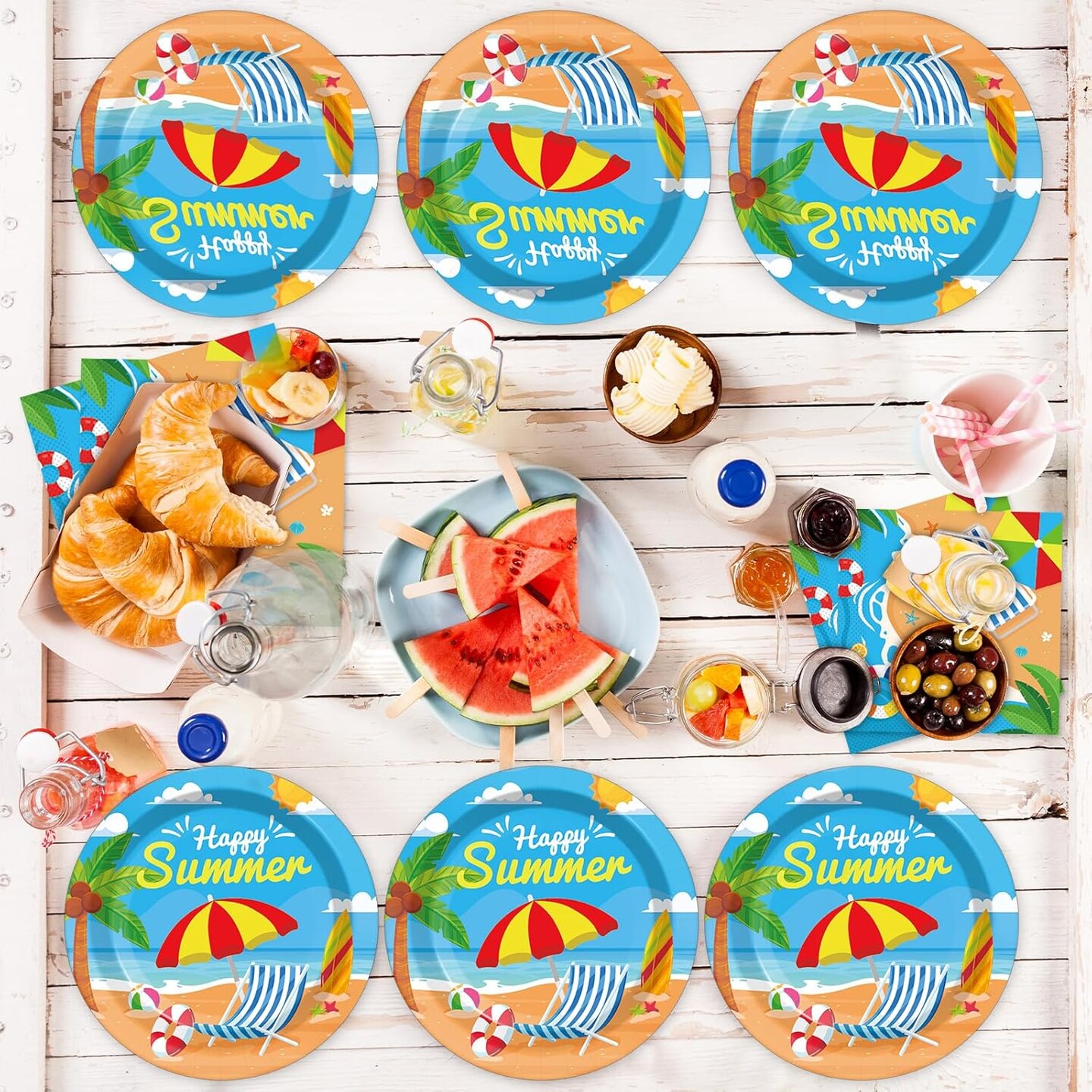 Summer Party Supplies Serves 24 Beach Luau Party Paper Plates Napkins Hawaiian Tablecloth Set Tableware Kit for Pool Party Birthday Tropical Dinner