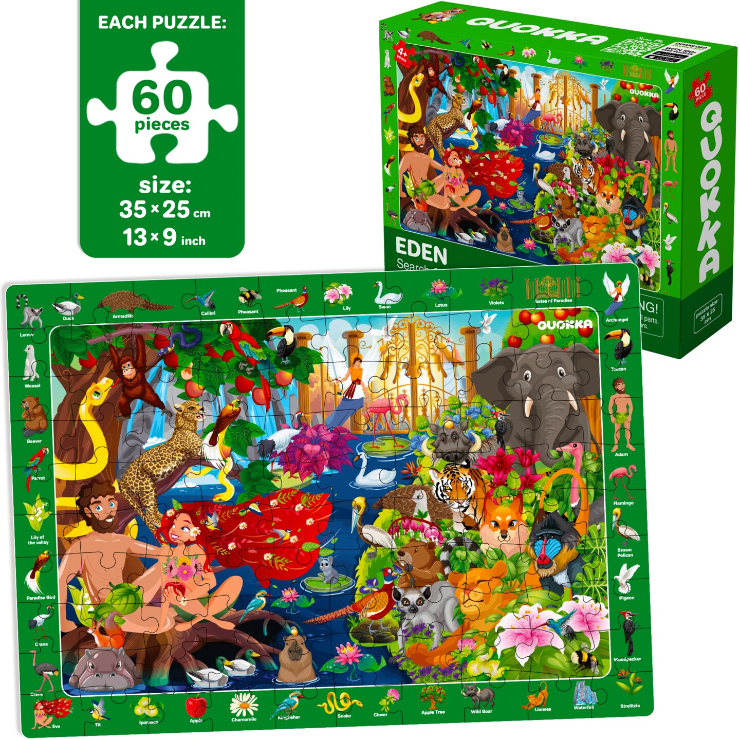 QUOKKA 60 Piece Kids Puzzles Ages 5-8 - Set of 4 Bible Jigsaw Puzzles for Kids 4-6-10 Year Old - Tower of Babel | Noah&#x60;s Ark | Eden Toys for Children 5-7 yo - Christian Gifts for Boys &#x26; Girls