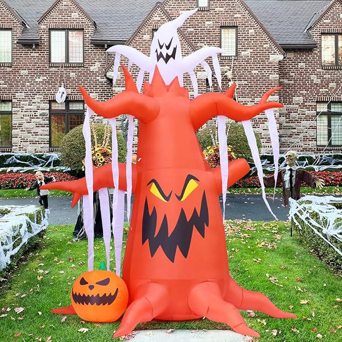 GOOSH 10 FT Halloween Inflatables Scary Dead Tree with Pumpkin and Ghost with Built-in LEDs