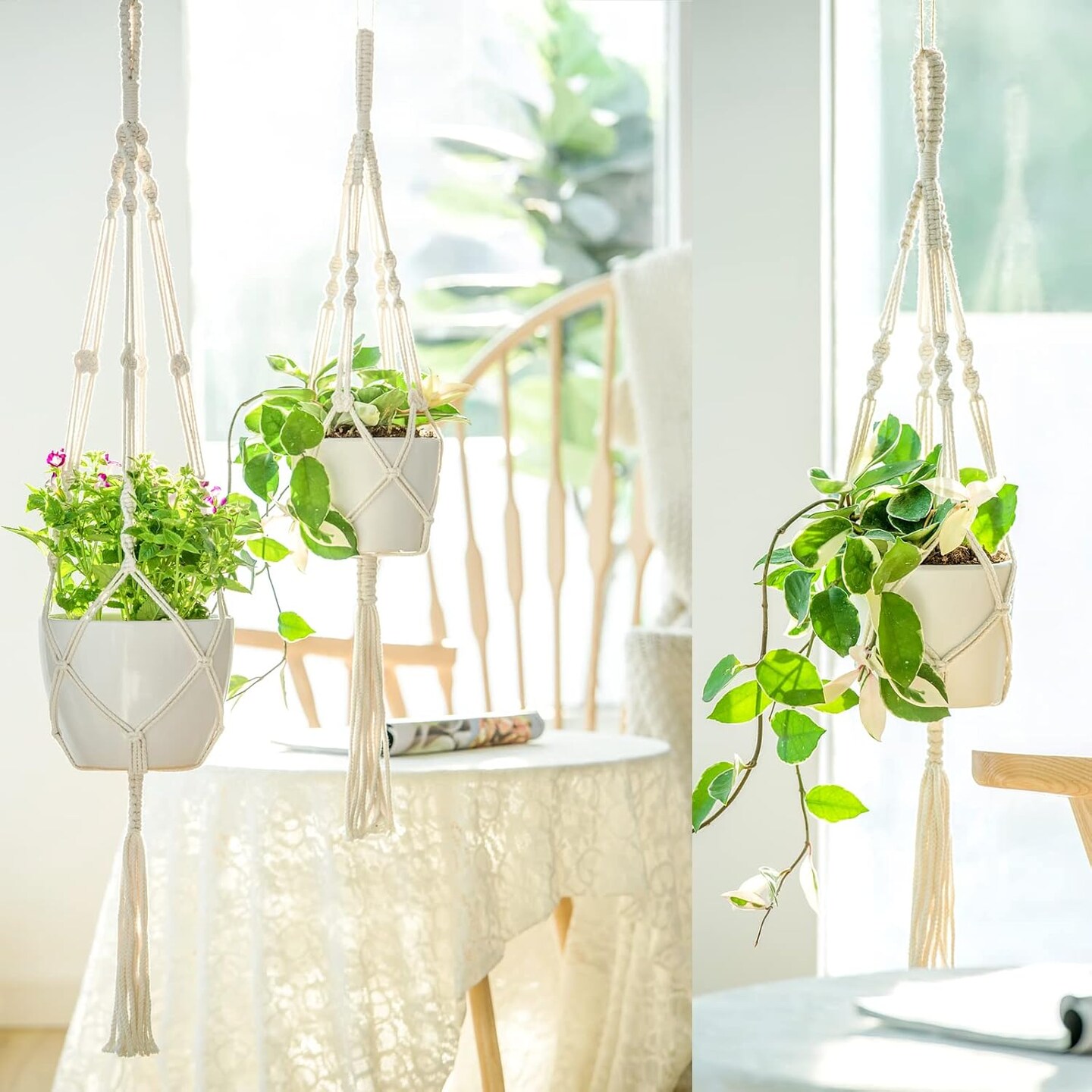 3 Pack Macrame Plant Hangers, Different Sizes Hanging Planters Indoor Basket Decorative (Ivory)
