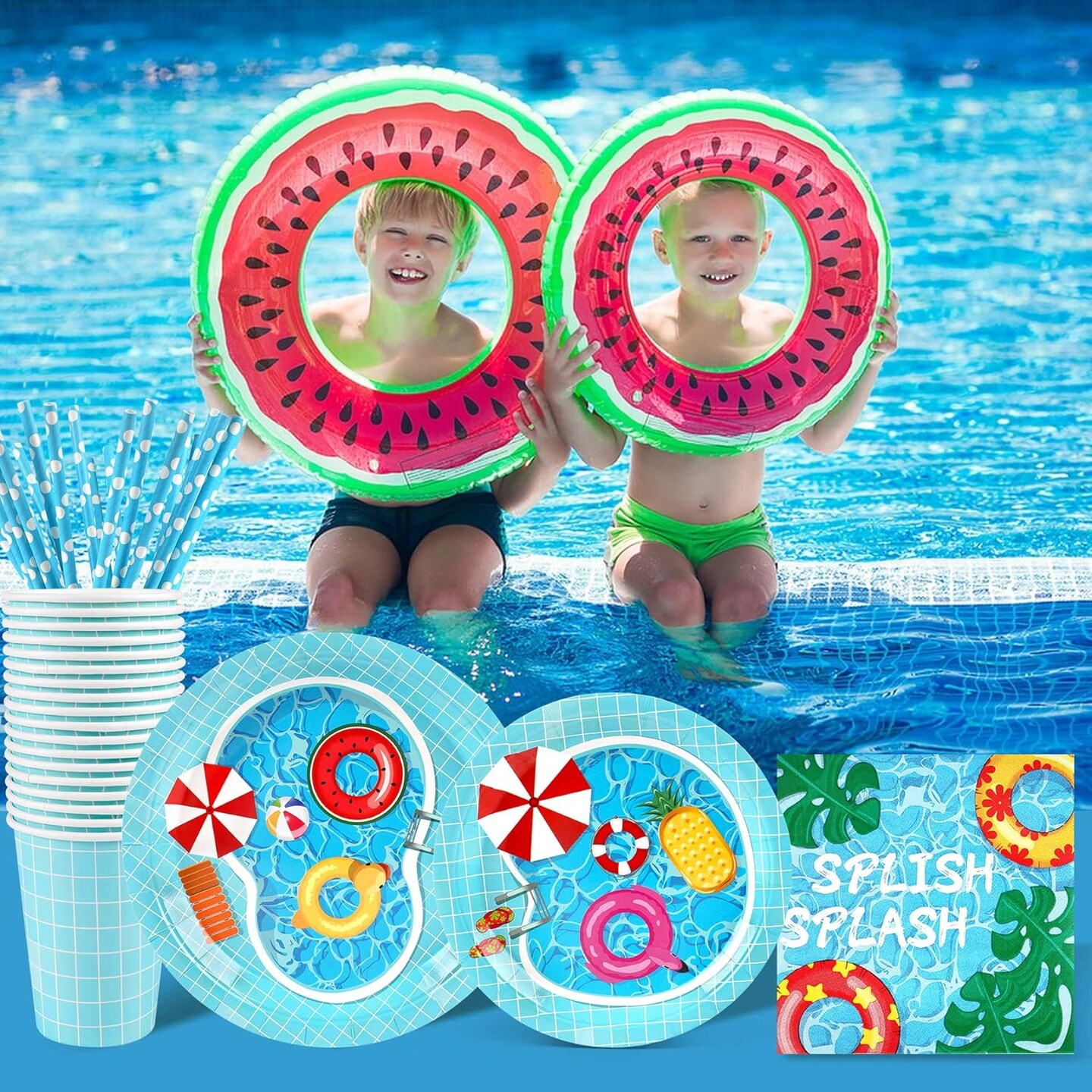 Pool Party Supplies Decorations, Disposable Summer Kids Birthday Paper Plates and Napkins Set