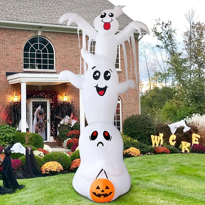 GOOSH 9.8 FT High Halloween Inflatable Overlap Ghost with Built-in LEDs (Three Ghosts)