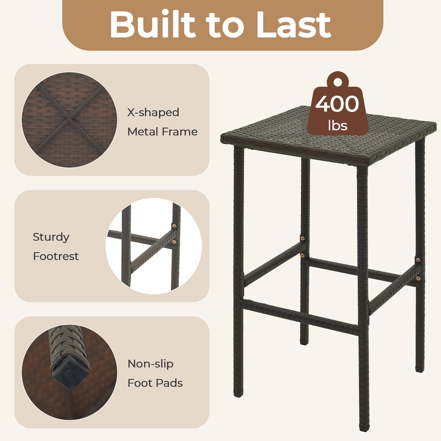 Set of 2 Patio Wicker Bar Stools with Seat Cushions and Footrest