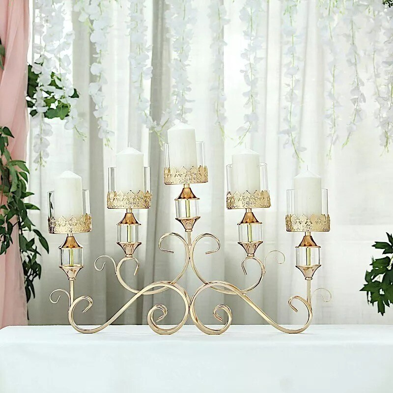 18" tall Candelabra Hurricane Candle Holder for 5 Candles Wedding Centerpiece