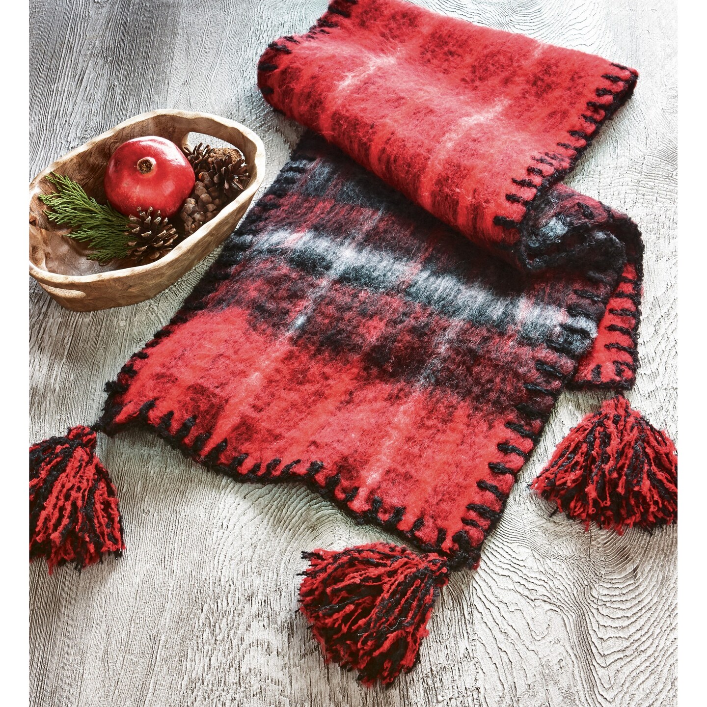 Snowmass Red Multi Tassled Mohair Table Runner - 72" L x 16" W - Perfect for Christmas Decor - Dry Clean Only