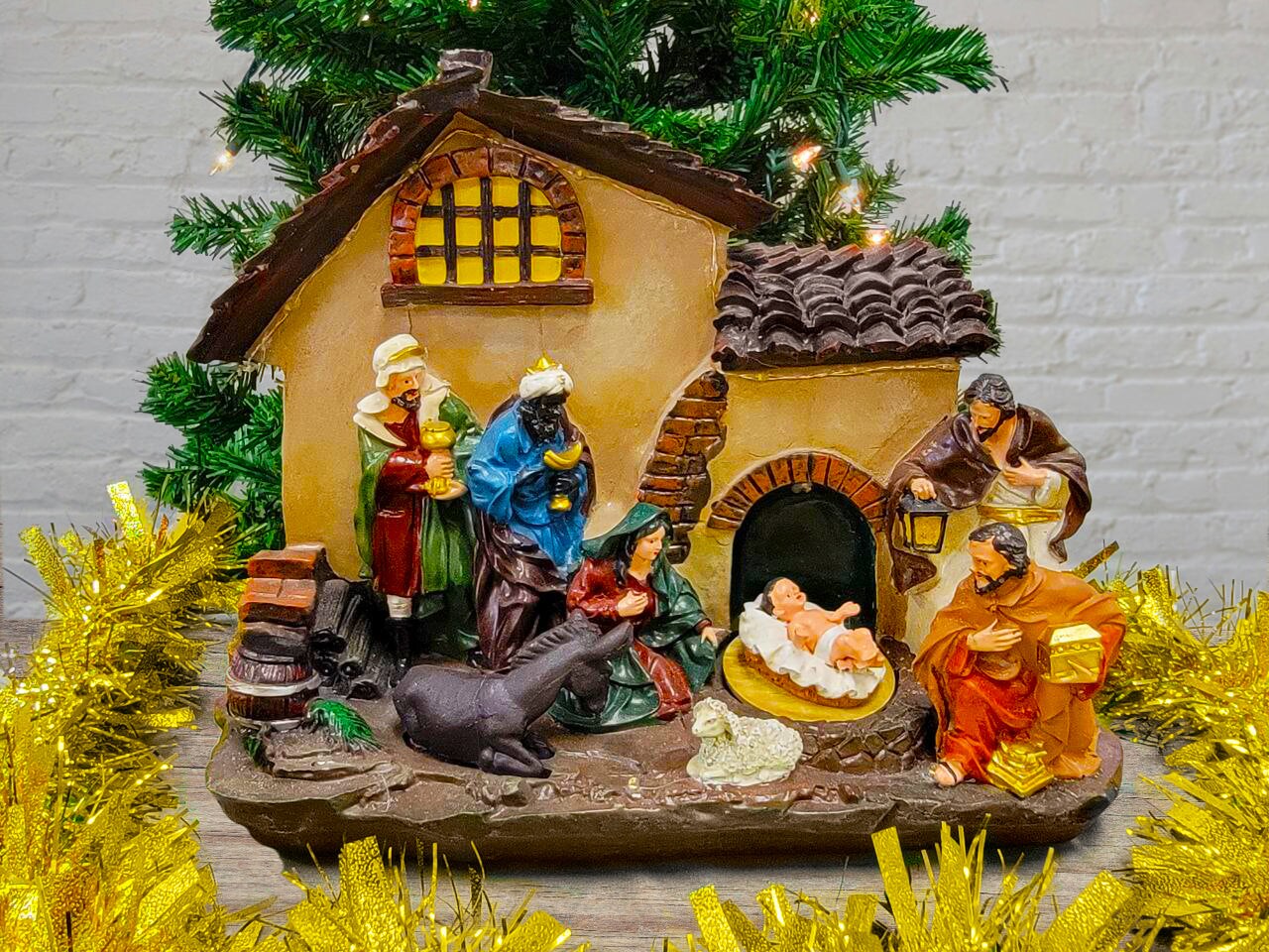 Christmas Village with LED Lights. Holy Family Scene