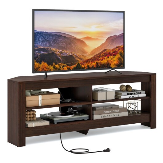 Corner TV Stand with Power Outlet and 4 Open Storage Shelves-White