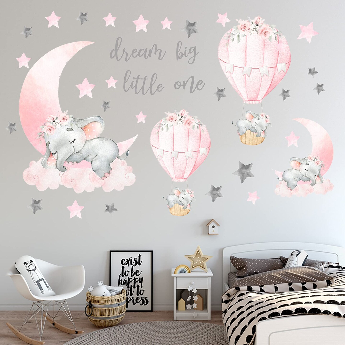Dream Big Little One Elephant Wall Stickers, Pink Moon Hot Air Balloon Grey Stars Wall Decals for Nursery Kids Room Living Room Bedroom Decorations Home Decor