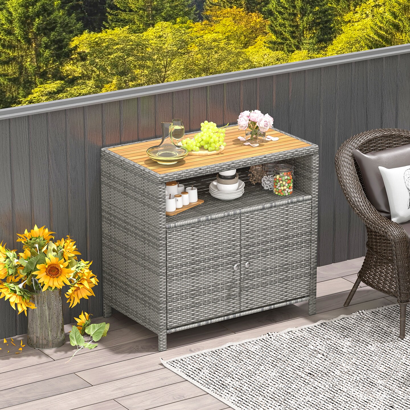 Rattan Storage Cabinet with Acacia Wood Countertop for Poolside Deck and Patio