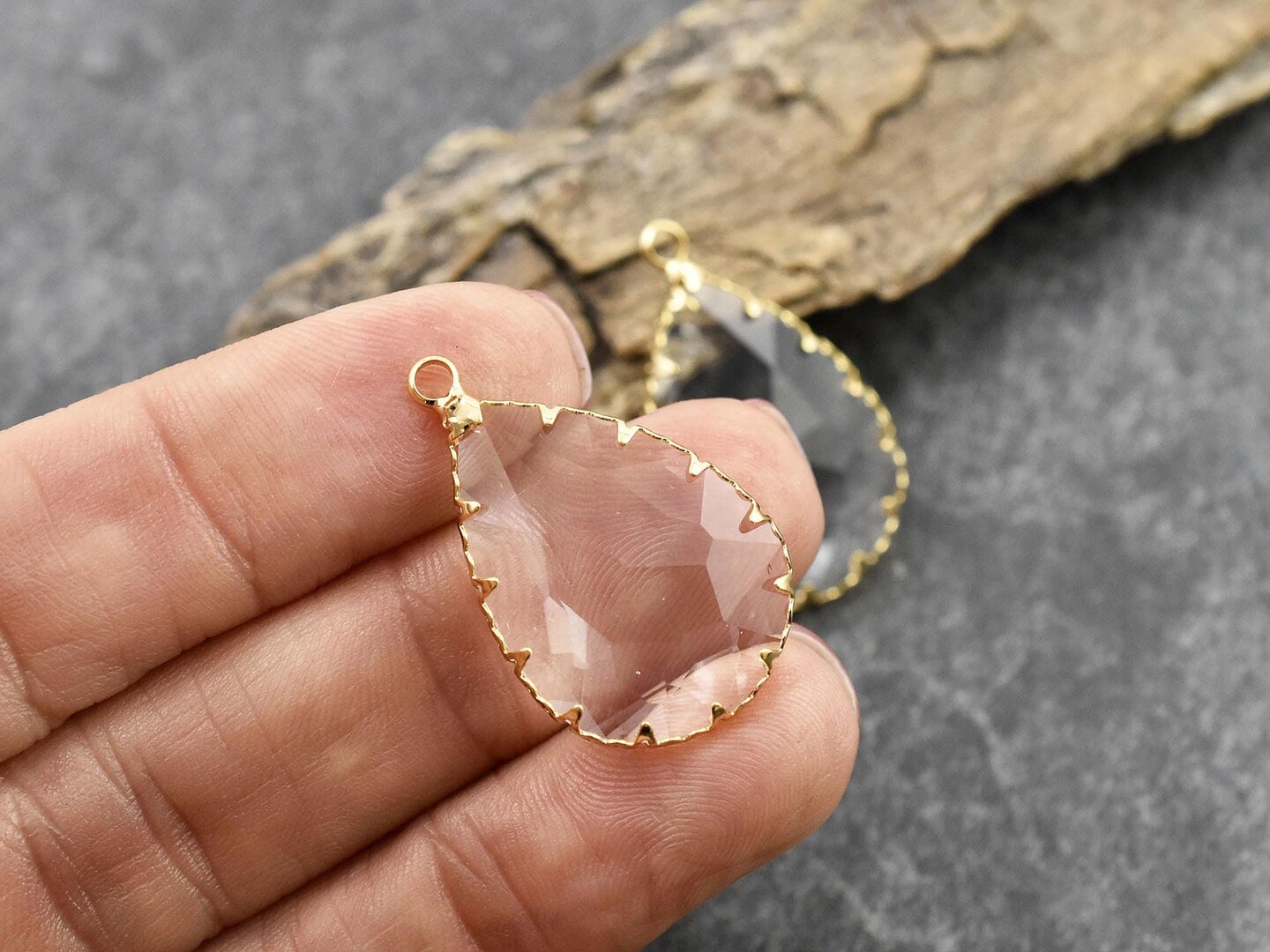 *2* 30x19mm 18k Gold Plated Brass Faceted Clear Glass Teardrop Pendants