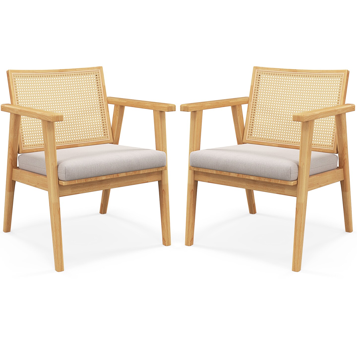 Mid Century Modern Accent Chairs Set of 2 with Breathable Rattan Back-Natural
