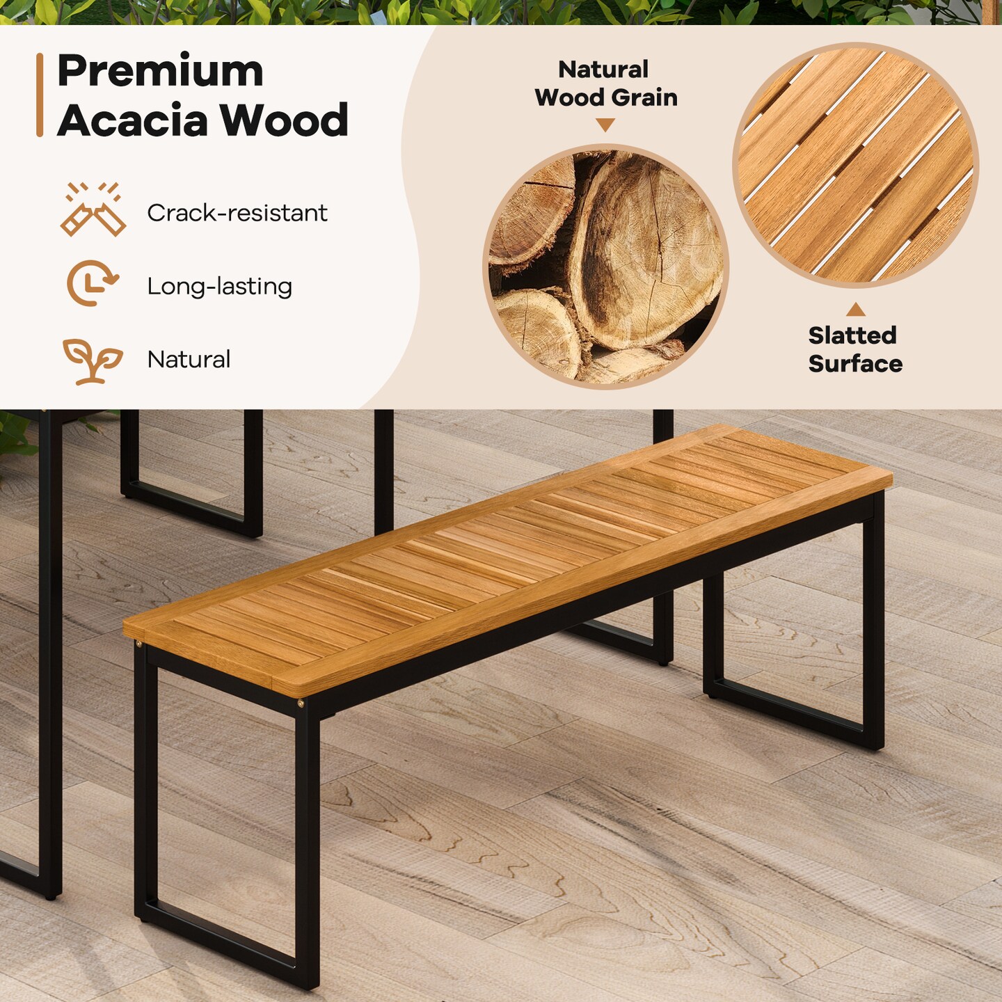 Patio Dining Bench Backless with Slatted Seat and Metal Legs - Multi