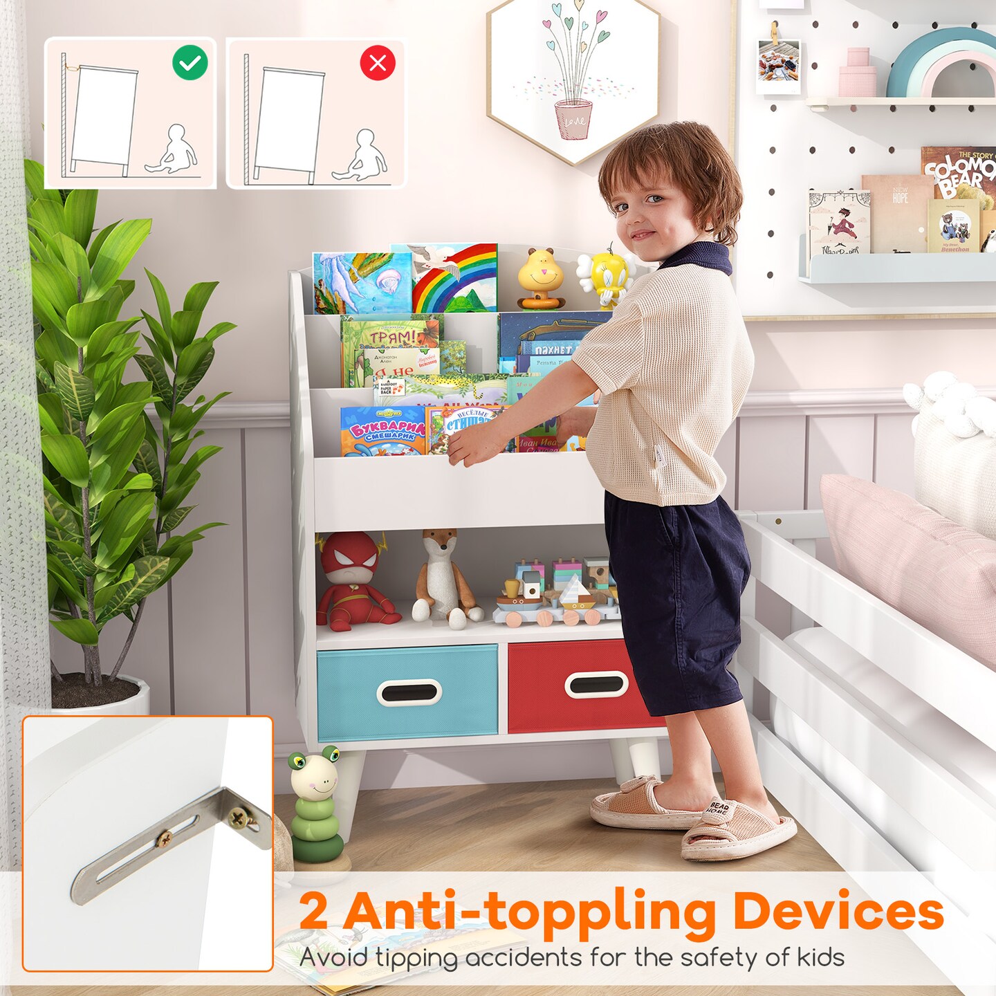 Toddlers Bookshelf with Open Compartment and Two Fabric Drawers - 25&#x22; x 12&#x22; x 36&#x22;
